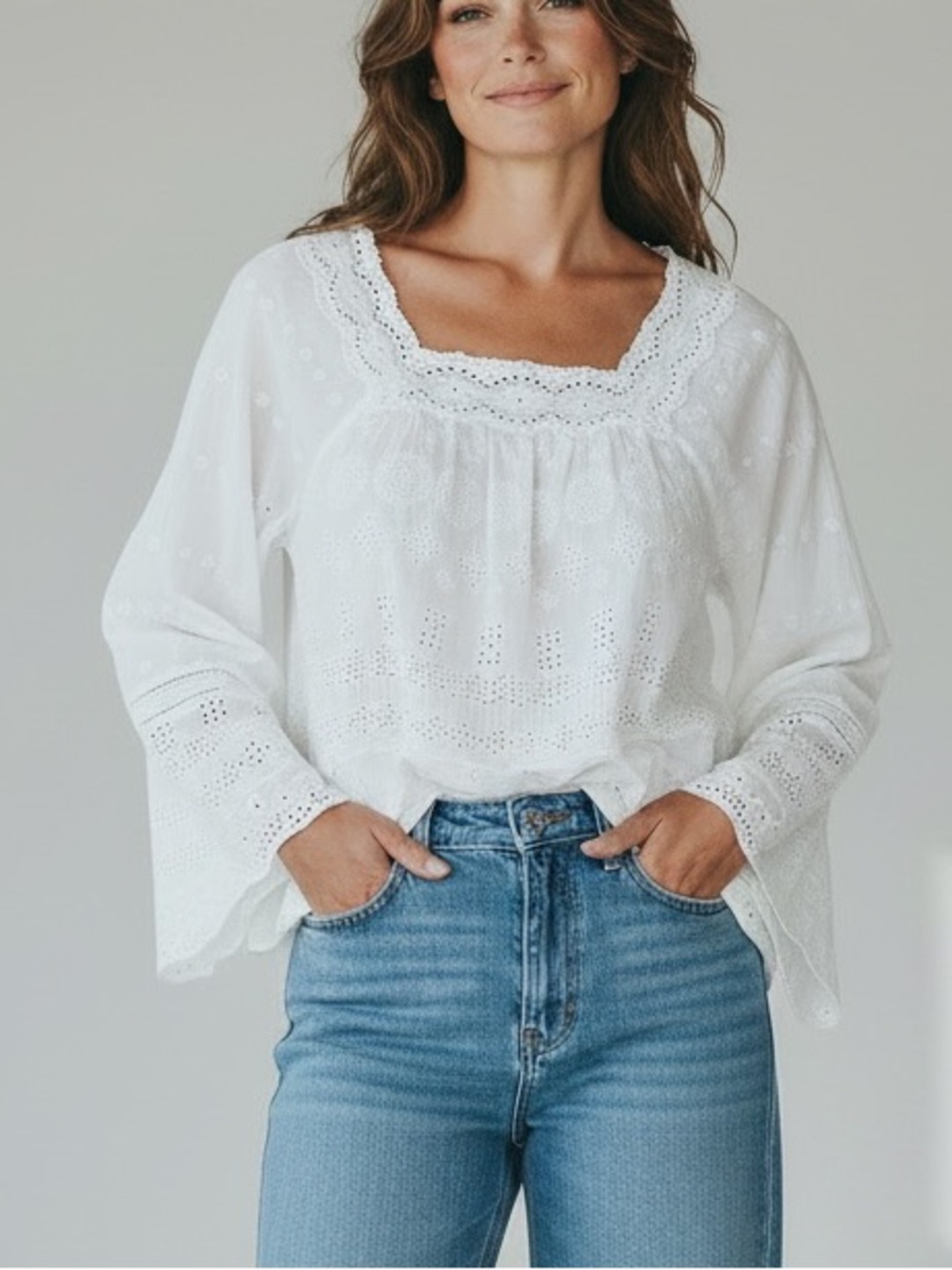 Sundance White Eyelet Embroidered Lace Blouse Boho Cottagecore Romantic, Medium